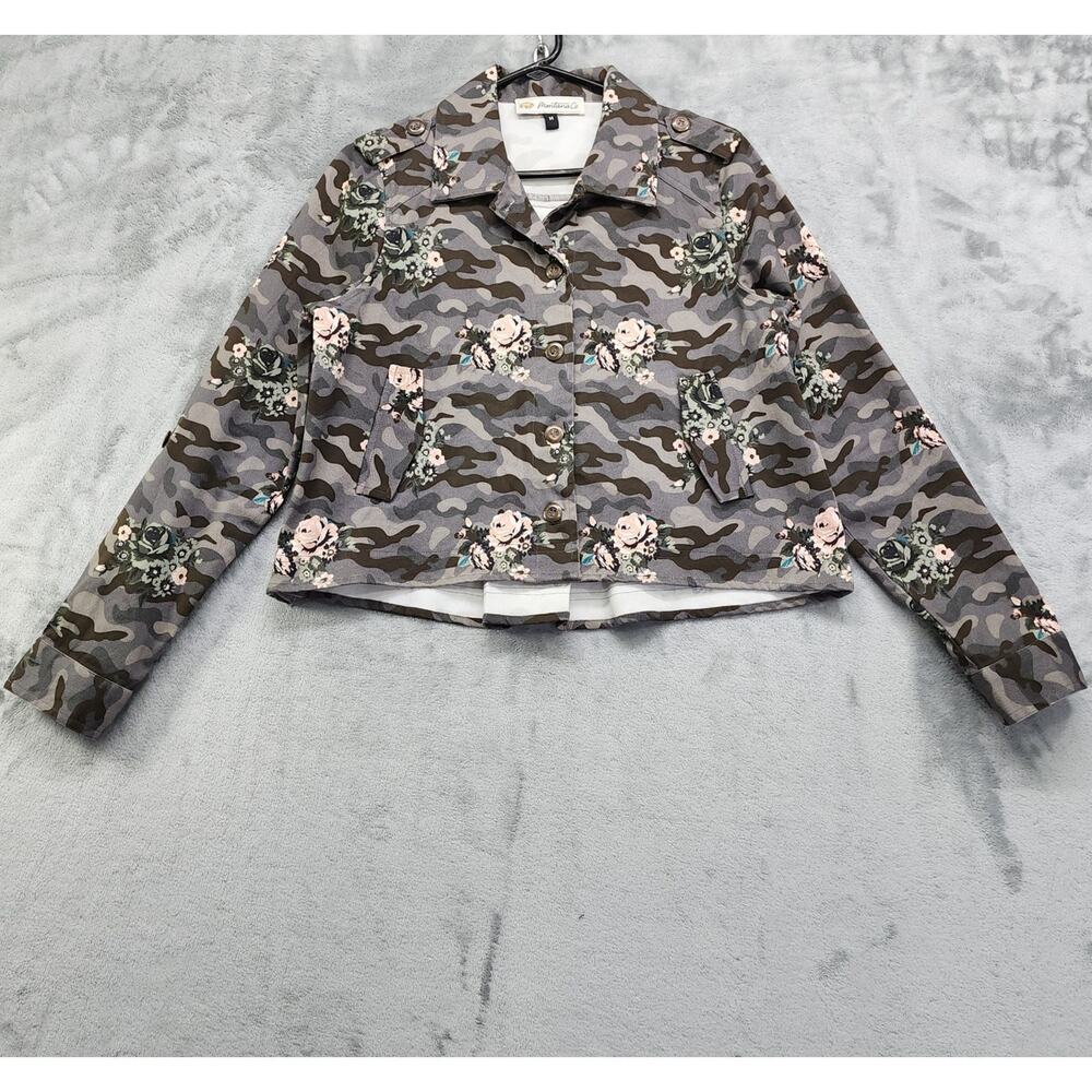 Montana Co. Jacket Womens M Gray Pink Camo Floral Crop Stretch Roll Tab Sleeves